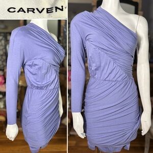 Carven Lavender Long Sleeve One Shoulder Ruched Stretch Midi Dress, Szs 4 & 6